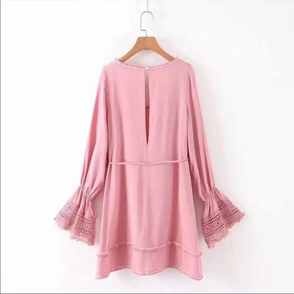 Pink Crochet Fringe Bell Sleeve Boho Gypsy Dress - Picture 4 of 11